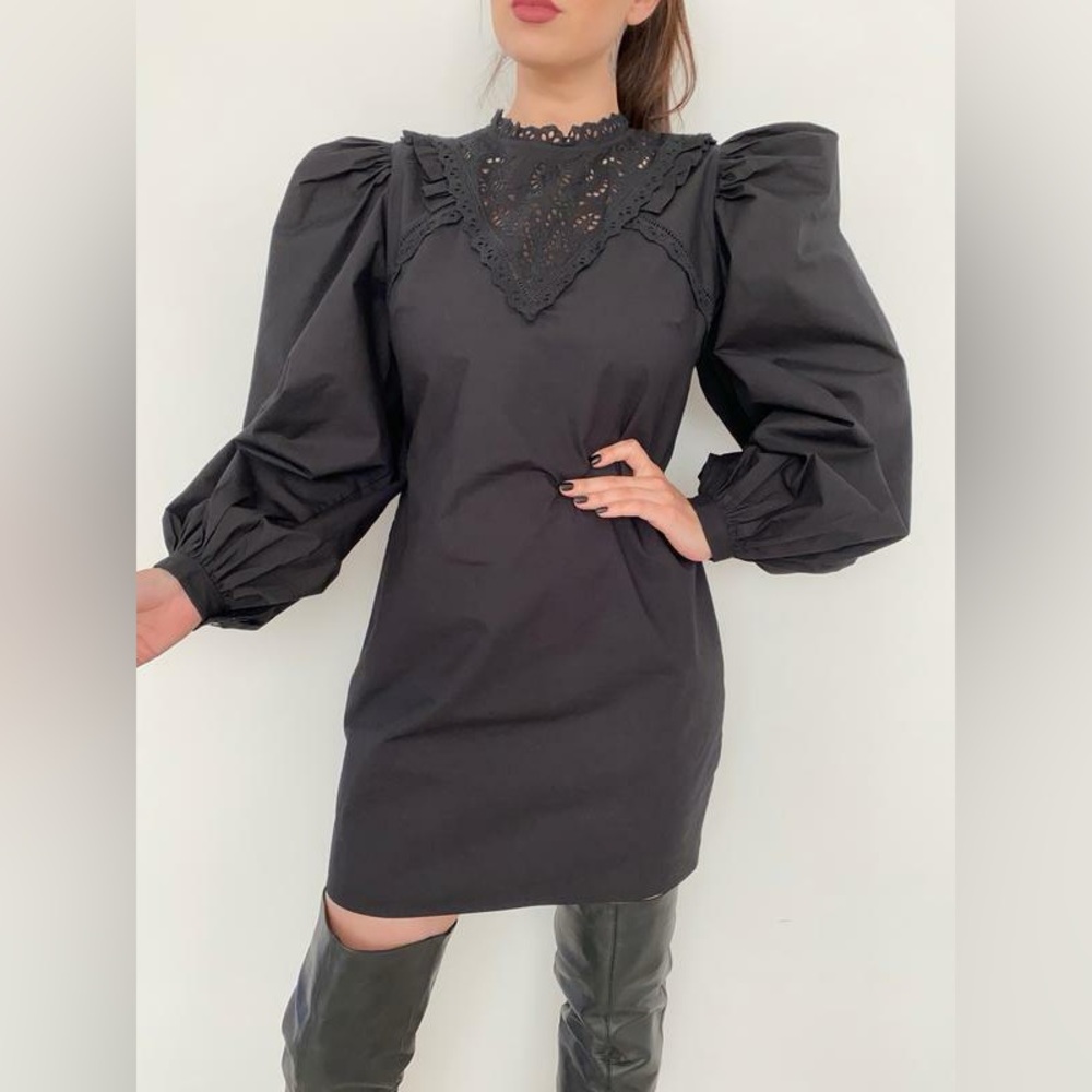 Zara Black Long Balloon Sleeve Dress Lace Embroidered Holiday